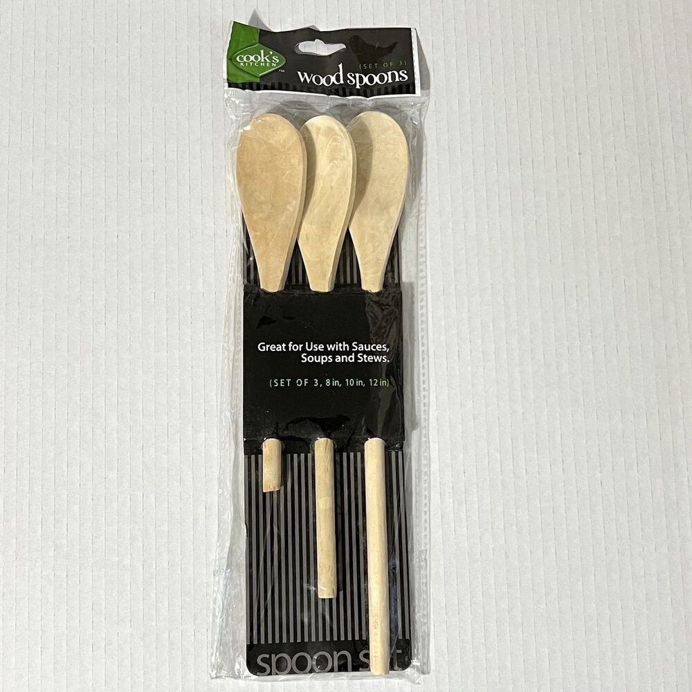 Cook's Kitchen Wood Spoon Set of 3 Natural Cooking Mixing Utensils 8" 10" 12"